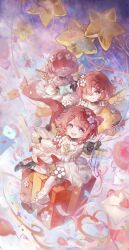 3girls absurdres angel_wings dress_flower envelope flower flower-shaped_pupils hair_flower hair_ornament hairband highres holding holding_envelope honkai:_star_rail honkai_(series) luoxi multiple_girls pointy_ears procreate_(medium) red_hair smile symbol-shaped_pupils trianne_(honkai:_star_rail) tribbie_(honkai:_star_rail) trinnon_(honkai:_star_rail) wings