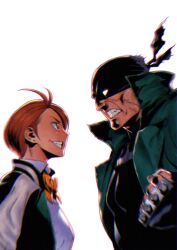 1boy 1girl bandana black_bandana black_hair boku_no_hero_academia bow bowtie brass_knuckles brown_hair clenched_hand coat earrings eyepatch fingerless_gloves gloves green_eyes hachisuka_kuin hair_over_one_eye jewelry knuckleduster_(boku_no_hero_academia) mana30row mask mature_male official_art orange_bow orange_bowtie scar scar_on_face short_hair simple_background smile standing stud_earrings trench_coat upper_body vigilante_-boku_no_hero_academia:_illegals- weapon white_background