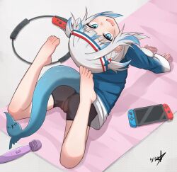 1girl absurdres arched_back artist_name ass bare_legs barefoot bike_shorts black_shorts blue_eyes blue_hair blue_shirt blush boppin cameltoe eyelashes feet feet_up from_above full_body gawr_gura grey_background grey_hair hair_ornament headband highres hitachi_magic_wand hololive hololive_english legs loli long_sleeves looking_at_viewer lying medium_hair multicolored_hair nintendo_switch on_stomach open_mouth paid_reward_available patterned_background ring_fit_adventure sex_toy shadow shark_girl sharp_teeth shirt shorts signature sleeves_past_wrists solo streaked_hair teeth toenails toes two_side_up vibrator virtual_youtuber wide_sleeves yoga_mat