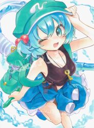 1girl ;d am_up arm_at_side backpack bag bare_arms bare_legs bare_shoulders black_tank_top blue_eyes blue_hair blush breasts cleavage clothes_around_waist collarbone commentary cucumber dot_nose double-parted_bangs fingernails food foot_out_of_frame from_above glint hair_between_eyes hair_bobbles hair_ornament hat highres holding holding_food holding_vegetable kawashiro_nitori key knees_together_feet_apart looking_at_viewer medium_breasts midriff moni_monico navel newsboy_cap one_eye_closed open_mouth sample_watermark shirt shirt_around_waist short_hair simple_background smile solo standing standing_on_one_leg symbol-only_commentary tank_top touhou two_side_up v-shaped_eyebrows vegetable water watermark white_background