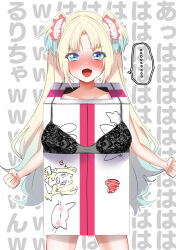 ... 1girl :d black_bra blonde_hair blue_eyes blue_hair blush box bra cardboard_box clenched_hands collarbone commentary_request cowboy_shot fang gradient_hair highres link!_like!_love_live! long_hair love_live! multicolored_hair nervous_sweating nose_blush open_mouth osawa_rurino osawa_rurino&#039;s_cardboard_box parted_bangs skin_fang smile solo spoken_ellipsis sweat text_background twintails underwear v-shaped_eyebrows virtual_youtuber white_background yaa-kun