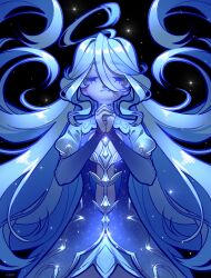 1girl black_background blue_dress blue_theme closed_eyes closed_mouth cowboy_shot dress eyelashes floating_hair furina_(genshin_impact) genshin_impact hair_between_eyes happy highres interlocked_fingers juliet_sleeves light_particles long_dress long_sleeves own_hands_clasped own_hands_together puffy_sleeves scar scar_on_face simple_background sleeves_past_wrists smile solo straight-on wavy_hair wikate