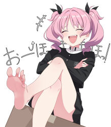1girl absurdres barefoot blush closed_eyes crossed_arms crossed_legs feet highres laughing long_hair open_mouth original pink_hair soles toes toxic_pter twintails