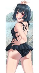 1girl :d alternate_hair_length alternate_hairstyle arm_up ass back backless_outfit backless_swimsuit bare_back bare_shoulders black_one-piece_swimsuit blue_hair blunt_bangs blunt_ends blush breasts casual_one-piece_swimsuit cowboy_shot day dock eyes_visible_through_hair female_focus fence frilled_swimsuit frills from_behind hair_bun hand_on_own_head hand_on_own_hip highres igarashi_kyouhei looking_at_viewer looking_back love_live! love_live!_sunshine!! medium_breasts mountain mountainous_horizon ocean one-piece_swimsuit open_mouth outdoors purple_eyes shiny_skin short_hair side_bun single_side_bun smile solo standing straight_hair swimsuit teeth thighs tsushima_yoshiko v water
