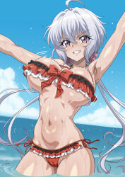 1girl ahoge armpits arms_up bikini blue_sky blush bouncing_breasts breasts cameltoe day dolphin_wave frilled_bikini frills grey_hair grin highres huge_breasts long_hair looking_at_viewer low_twintails navel ocean official_alternate_costume purple_eyes red_bikini scrunchie senki_zesshou_symphogear shiny_skin sky smile solo standing swimsuit syunzou teeth twintails very_long_hair wading water wet yukine_chris