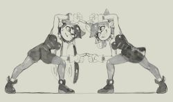 +_+ 2girls breasts callie_(splatoon) callie_(squid_sisters_outfit)_(splatoon) cleavage commentary cousins detached_collar dress earrings fangs fingers_together food food_on_head full_body fusion_dance gloves greyscale grin inkling jewelry long_hair looking_at_another marie_(splatoon) marie_(squid_sisters_outfit)_(splatoon) medium_breasts mole mole_under_eye monochrome mossy multiple_girls nintendo object_on_head open_mouth pantyhose pointy_ears shoes short_dress short_hair short_jumpsuit shorts simple_background smile splatoon_(series) splatoon_1 standing standing_on_one_leg strapless strapless_dress sushi symbol-only_commentary symbol-shaped_pupils symmetrical_hand_pose tentacle_hair