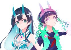 Rule 34 | 2girls, alternate eye color, black hair, blue eyes, blue hair, blue horns, blue sailor collar, blue shirt, blunt bangs, breasts, cleavage, closed mouth, colored inner hair, commentary request, detached collar, flower, guuqualia, hair flower, hair ornament, head wreath, highres, horns, long hair, looking at viewer, medium breasts, multicolored hair, multicolored horns, multiple girls, neckerchief, oni, pink eyes, ragnador, red neckerchief, sailor collar, sakugawa school uniform, saten ruiko, scene reference, school uniform, shirt, short hair, skin-covered horns, toaru kagaku no railgun, toaru majutsu no index, uiharu kazari, upper body, white background, winter uniform