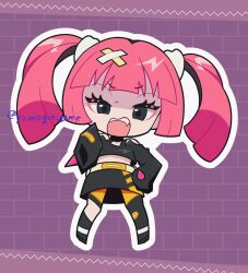 1girl bandaid bandaid_hair_ornament bare_shoulders black_eyes black_hair black_shirt black_skirt chibi chibi_only coral_(pokemon) cropped_shirt eyelashes fang full_body hair_ornament highres long_hair long_sleeves looking_at_viewer midriff multicolored_hair nintendo open_mouth outline pink_hair pokemon pokemon_(anime) pokemon_horizons shirt skirt sleeves_past_fingers sleeves_past_wrists solo teeth twintails twitter_username two-tone_hair upper_teeth_only white_outline yomogin_game