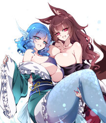 2girls absurdres animal_ears bikini blue_bikini blue_eyes blue_hair blue_kimono blue_sash breasts brown_hair carrying commentary dress eyepatch_bikini fang feet_out_of_frame fingernails fins frilled_kimono frills head_fins highres huge_breasts imaizumi_kagerou japanese_clothes kimono long_hair long_sleeves looking_at_viewer mermaid monster_girl multiple_girls obi off-shoulder_dress off_shoulder open_mouth princess_carry raptor7 red_eyes red_nails sash simple_background skin_fang smile swimsuit tail touhou wakasagihime white_background white_dress wolf_ears wolf_girl wolf_tail