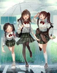 3girls :d :o absurdres backpack bag bag_charm black_pantyhose black_shoes blunt_bangs blurry blurry_background bow bowtie brown_eyes brown_hair charm_(object) closed_eyes clothes_around_waist day godouyu_(neisukun) hand_on_own_hip highres holding holding_umbrella jacket jacket_around_waist long_hair long_sleeves multiple_girls open_mouth original outdoors pantyhose plaid_clothes plaid_skirt ponytail puddle rain red_bow red_bowtie running shoes short_hair skirt smile sneakers socks transparent transparent_umbrella umbrella white_socks