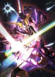 energy_sword funnels_(gundam) glowing glowing_eyes green_eyes gundam gundam_unicorn holding holding_sword holding_weapon mecha mobile_suit no_humans nt-d robot science_fiction solo space sword sword_clash totthii0081 unicorn_gundam v-fin weapon