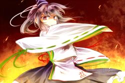 Rule 34 | 1girl, black hat, black skirt, commentary request, fire, frilled skirt, frills, grey hair, hat, japanese clothes, kariginu, kutsuki kai, long sleeves, looking at viewer, mononobe no futo, one-hour drawing challenge, ponytail, purple eyes, ribbon-trimmed sleeves, ribbon trim, short hair, skirt, solo, tate eboshi, touhou, wide sleeves