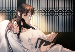 Rule 34 | 2boys, alternate costume, alternate hairstyle, bathrobe, bed, black hair, blanket, blurry, blush, book, brown hair, closed eyes, closed mouth, commentary, couple, english commentary, hair down, head on another&#039;s shoulder, highres, holding, holding book, hug, indoors, jujeop, lan wangji, lattice, leaning on person, long hair, long sleeves, looking at another, lying, lying on person, male focus, modao zushi, multiple boys, on bed, on stomach, open book, parted bangs, parted lips, pillow, reading, robe, sidelocks, sitting, sleeping, sleeping on person, smile, under covers, upper body, wei wuxian, white robe, wide sleeves, window, yaoi, yellow eyes