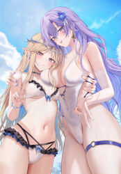 2girls :p alternate_costume bare_shoulders bikini blonde_hair blue_bow blue_eyes blue_flower blue_sky blush bow bow_bikini breasts cantarella_(wuthering_waves) cartethyia_(wuthering_waves) casual_one-piece_swimsuit center_opening chinese_commentary closed_mouth collarbone commentary_request cowboy_shot crown_of_thorns day earrings facial_mark fingernails flower groin hair_flower hair_ornament halterneck highleg highleg_one-piece_swimsuit highres jewelry large_breasts long_hair looking_at_viewer mark_under_eye medium_breasts multiple_girls nail_polish navel o-ring o-ring_thigh_strap one-piece_swimsuit outdoors paid_reward_available partial_commentary pink_nails pointy_ears purple_hair purple_nails ru_zhai sidelocks sky stomach swimsuit tacet_mark_(wuthering_waves) thigh_strap tongue tongue_out underboob v very_long_hair wet white_bikini white_one-piece_swimsuit wuthering_waves