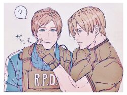 Rule 34 | ?, an chovy, arm up, black gloves, black shirt, blonde hair, blue eyes, blue shirt, border, bulletproof vest, cheek pinching, collared shirt, commentary, compression shirt, dual persona, fingerless gloves, gloves, hand on another&#039;s face, leon s. kennedy, looking at viewer, parted lips, pinching, resident evil, resident evil 2, resident evil 4, shirt, short sleeves, speech bubble, spoken question mark, time paradox, toned, toned male, undershirt, upper body, white border, wing collar