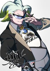 1boy adjusting_eyewear bite_addict black-framed_eyewear blue-tinted_eyewear blue_eyes brown_jacket closed_mouth collared_shirt glint gloves gordie_(pokemon) hand_on_own_hip hand_up highres jacket jewelry looking_at_viewer male_focus multicolored_hair necklace nintendo pokemon pokemon_swsh ring shirt shorts single_glove smile solo sunglasses tinted_eyewear two-tone_hair white_background
