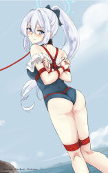 Rule 34 | 1girl, arms behind back, ass, bdsm, beach, blush, bondage, bound, bow, breasts, collar, forced, hair bow, kertaspata, kneepits, leash, looking at viewer, medium breasts, miyako (blue archive), miyako (swimsuit) (blue archive), off-shoulder one-piece swimsuit, one-piece swimsuit, outdoors, ponytail, purple eyes, purple hair, shibari, slave, swimsuit, tearing up, walking