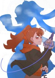 Rule 34 | 1girl, arm blade, black jacket, brown eyes, brown hair, brown skirt, closed mouth, cure sky, floating hair, flowerin riga, from side, frown, hair ribbon, henshin, henshin pose, highres, hirogaru sky! precure, holding, hood, hood down, hoodie, inukai komugi, jacket, long hair, long sleeves, looking at viewer, multiple girls, no.1 sentai gozyuger, open clothes, open jacket, orange hoodie, orange ribbon, orange sweater, ponytail, precure, red eyes, ribbon, silhouette, simple background, skirt, solo, super sentai, sweater, tega sword, transformation, upper body, v-shaped eyebrows, weapon, white background, wonderful precure!