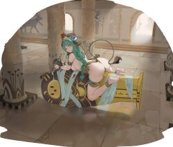 1girl ancient_egyptian_architecture ancient_egyptian_clothes anklet armlet ass azur_lane barefoot braid breasts closed_mouth fake_horns gold_armlet gold_thighlet green_hair highres horns jewelry long_hair looking_at_viewer low_twin_braids lying manjuu_(azur_lane) medium_breasts nth_time official_alternate_costume on_stomach pillar raffaello_(azur_lane) raffaello_(protector_of_love_and_beauty)_(azur_lane) sarcophagus sideboob smile solo thighlet toes twin_braids usekh_collar x_x yellow_pupils