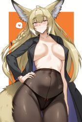 1girl animal_ear_fluff animal_ears arknights black_coat blush breasts brown_pantyhose closed_mouth coat commentary fangs_(fangs_art) hand_on_own_hip heart highres huge_breasts long_hair looking_at_viewer mole mole_on_breast open_clothes open_coat pantyhose smile solo spoken_heart very_long_hair vulpisfoglia_(arknights) yellow_eyes