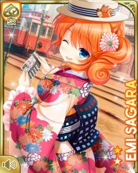 1girl ;d blue_eyes breasts card_(medium) character_name cosplay flower girlfriend_(kari) hair_flower hair_ornament hat japanese_clothes kimono large_breasts looking_at_viewer medium_hair official_art one_eye_closed open_mouth orange_hair outdoors pink_flower qp:flapper red_kimono sagara_emi sash smile standing tagme taishou_era two_side_up