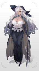 1girl absurdres baketsu black_gloves black_hat black_shoes black_skirt breasts cape cleavage collarbone dark-skinned_female dark_skin elbow_gloves frilled_shirt frills full_body glasses gloves green_cape hand_on_cane hat highres huge_breasts long_hair long_skirt mature_female original pointy_ears rimless_eyewear shirt shoes skirt sleeveless sleeveless_shirt solo very_long_hair white_hair white_shirt yellow_eyes