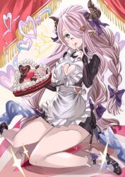 1girl apron banamons braid cake cleavage_cutout clothing_cutout dated draph food granblue_fantasy hair_over_one_eye heart_cutout holding holding_cake holding_food horns long_hair narmaya_(granblue_fantasy) narmaya_(valentine)_(granblue_fantasy) one_eye_covered pink_hair pointy_ears sidelocks signature sitting smile solo tongue tongue_out wariza