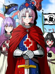 6+girls alternate_costume animal_ears armor bamboo belt black_hair blood blood_from_mouth blue_skirt cape chainmail closed_mouth cloud commentary constellation_print crescent_print cross cross_print day ehehe52921343 flag gauntlets grey_hair hand_on_hilt hat highres inaba_tewi knight korean_commentary long_hair mixed-language_commentary monty_python monty_python_and_the_holy_grail multicolored_clothes multiple_girls nurse_cap pink_cape purple_cape purple_hair rabbit_ears red_cape red_cross red_eyes reisen_udongein_inaba skirt smile star_(symbol) star_print sword touhou weapon yagokoro_eirin
