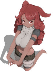 Rule 34 | 1girl, animal ears, barefoot, belt, black belt, blush, breasts, bruiser rabbit, closed mouth, commentary request, dark-skinned female, dark skin, floppy ears, full body, grey shirt, grey shorts, hanoyama, interlocked fingers, kneeling, large breasts, looking at viewer, midriff, navel, own hands together, rabbit and steel, rabbit ears, rabbit girl, red eyes, red hair, shirt, shorts, simple background, smile, solo, white background