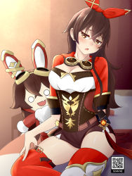1girl :d absurdres amber_(genshin_impact) arm_support baron_bunny_(genshin_impact) blurry blush breasts brown_eyes brown_hair brown_shorts chestnut_mouth cleavage commentary depth_of_field english_commentary genshin_impact goggles goggles_around_neck hair_between_eyes hairband head_tilt highres long_hair long_sleeves looking_at_viewer open_mouth qr_code short_shorts shorts sidelocks sitting smile snkagawa solo stuffed_animal stuffed_rabbit stuffed_toy thick_thighs thighhighs thighs vision_(genshin_impact) zettai_ryouiki