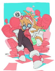 1girl black_pantyhose blonde_hair blue_eyes ciel_(mega_man) gloves helmet high_ponytail highres lab_coat mega_man_(series) mega_man_zero_(series) messy_hair pantyhose pink_helmet pink_top ponytail round_eyewear sketch solo vani_(hisha_04) white_gloves