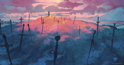 anato_finnstark artist_name berserk cloud cloudy_sky dusk greatsword hill no_humans orange_sky outdoors planted planted_sword planted_weapon scenery sky sword weapon weapon_focus