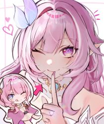 1girl bare_shoulders blue_eyes chibi coat cyrene_(honkai:_star_rail) diamond-shaped_pupils diamond_(shape) dress hair_ornament highres hisui_(xztw) honkai:_star_rail honkai_(series) jewelry licking_lips long_hair multiple_views necklace pink_hair pointy_ears purple_coat smile symbol-shaped_pupils tongue tongue_out upper_body very_long_hair white_dress
