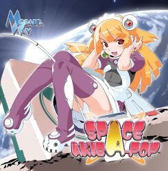 1girl 2000s album_cover blonde_hair boots cable chantan_(mosaic.wav) copyright_name cover cyber_fashion dress earrings hairband highres jewelry long_hair looking_at_viewer maid maid_headdress mosaic.wav official_art panties purple_boots purple_dress red_eyes solo space thigh_boots underwear watanabe_akio white_panties wings