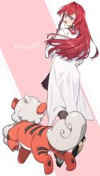 1girl 6tnut9 :d ange_katrina ange_katrina_(4th_costume) animal artist_name black_shoes blue_eyes coat commentary_request crossed_bangs from_behind full_body grey_pantyhose hair_over_shoulder hand_up high_heels hisuian_growlithe horns lab_coat long_hair long_sleeves looking_at_animal miniskirt nijisanji nintendo open_mouth orange_fur pantyhose pink_background pleated_skirt pokemon pokemon_(creature) red_hair shoes single_horn skirt smile striped_fur turning_head two-tone_background very_long_hair virtual_youtuber white_background white_coat white_tail