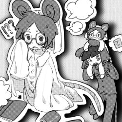 2boys aged_down book can carrying child commentary_request drink_can extra_eyes glasses grey_background greyscale highres lab_coat male_focus monochrome mouse_boy mouse_hat mouse_tail multiple_boys randal&#039;s_friends ratman_3_(randal&#039;s_friends) ratman_4_(randal&#039;s_friends) round_eyewear shieriru short_hair shoulder_carry soda_can sweat tail