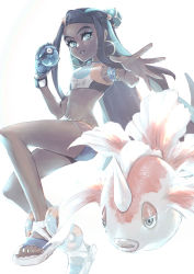 1girl absurdres armlet belly_chain black_hair commentary creatures_(company) dark-skinned_female dark_skin dive_ball earrings eyelashes eyeshadow feet game_freak gen_1_pokemon gloves goldeen gym_leader hair_bun highres holding holding_poke_ball hoop_earrings jewelry long_hair looking_at_viewer makeup multicolored_hair navel necklace nessa_(pokemon) nintendo noie_(neunteedelstein) poke_ball pokemon pokemon_(creature) pokemon_swsh sandals single_glove single_hair_bun spread_fingers toes two-tone_hair white_background