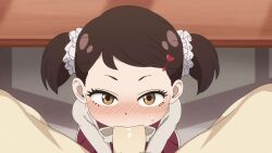 1boy 1girl age_difference animated becky_blackbell blush brown_eyes brown_hair clothed_female_nude_male completely_nude dress erection fellatio hair_ornament hairclip hetero loli nude oral penis sadieyule short_twintails sound spy_x_family twintails uncensored video