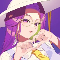 Rule 34 | 1girl, absurdres, adapted costume, asakura rikako, glasses, grey vest, guumin, hat, heart, heart hands, highres, long hair, long sleeves, necktie, open mouth, parted lips, phantasmagoria of dim.dream, purple background, purple eyes, purple hair, round eyewear, shirt, simple background, solo, sun hat, touhou, touhou (pc-98), very long hair, vest, white hat, white shirt, yellow necktie