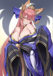 1girl absurdres animal_ear_fluff animal_ears bare_shoulders bell blue_bow blue_kimono blush bow breasts cleavage fate/extra fate/grand_order fate_(series) fox_ears fox_girl fox_tail gamangajo hair_between_eyes hair_bow hair_ornament hairpin highres japanese_clothes jewelry kimono large_breasts long_hair long_sleeves looking_at_viewer multiple_tails neck_ring obi off_shoulder pink_hair sash sidelocks smile solo tail tamamo_(fate) tamamo_no_mae_(fate/extra) tamamo_no_mae_(third_ascension)_(fate) very_long_hair wide_sleeves yellow_eyes