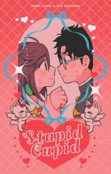 1boy 1girl absurdres angel_wings ashthelazy ayase_momo black_choker black_hair black_jacket blue_ribbon blush bow bowtie brown_eyes brown_hair cat character_name checkered_background choker closed_mouth collared_shirt commentary cupid dandadan english_commentary eye_contact from_side gakuran glasses heart highres holding holding_another&#039;s_wrist holding_instrument holding_trumpet instrument jacket looking_at_another pink_background pink_sweater profile red_bow red_bowtie ribbon round_eyewear school_uniform shirt short_hair sparkle sweatdrop sweater takakura_ken_(dandadan) trumpet turbo_granny_(dandadan) twitter_username upper_body white_shirt wings