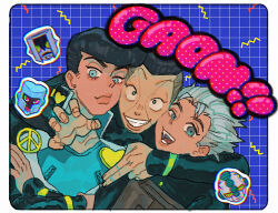 3boys 3others aqua_eyes aqua_shirt arm_on_another&#039;s_shoulder black_border black_hair black_jacket blue_background border character_sticker crazy_diamond diamond_wa_kudakenai echoes_(stand) gakuran green_eyes grey_hair grid_background grin hair_slicked_back half-closed_eye halftone heart higashikata_josuke highres jacket jojo_no_kimyou_na_bouken looking_at_viewer male_focus multicolored_hair multiple_boys multiple_others nijimura_okuyasu peace_symbol pompadour school_uniform shirt sleeves_past_wrists smile spiked_hair sticker t_0nd textless_version the_hand_(stand) two-tone_hair white_border white_hair