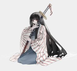 1girl absurdres alternate_hair_length alternate_hairstyle black_hair blunt_bangs bochishiraita closed_mouth dot_mouth forest_for_the_flames_(e.g.o) green_kimono grey_sash haori highres holding holding_sheath holding_sword holding_weapon japanese_clothes kimono limbus_company long_hair long_sleeves obi project_moon red_eyes ryoshu_(project_moon) sash scabbard sheath shirt sitting solo sword very_long_hair wariza weapon white_shirt