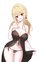 1girl absurdres babydoll bare_shoulders black_babydoll blonde_hair boong0619 breasts cleavage commentary_request commission cowboy_shot fang hand_up head_tilt highres korean_commentary large_breasts long_hair looking_at_viewer low_twintails navel open_mouth original panties red_eyes side-tie_panties simple_background smile solo spaghetti_strap stomach string_panties thighs twintails underwear white_background