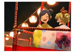 Rule 34 | 2girls, aged down, aikatsu!, aikatsu! (series), alternate costume, alternate hairstyle, back bow, black hair, blonde hair, blush, bow, bow hairband, braid, closed eyes, feet out of frame, grey kimono, hair bun, hairband, highres, hoshimiya ichigo, japanese clothes, kimono, kiriya aoi, lantern, long hair, multiple girls, night, obon, open mouth, osouzai-kun, outdoors, outstretched arms, paper lantern, pink bow, polka dot, polka dot kimono, print kimono, red eyes, red hairband, short hair, sidelocks, single side bun, smile, spread arms, standing, star (symbol), star print, white background, wide sleeves, yagura (platform), yellow kimono, yukata