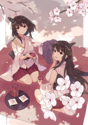 2girls black_hair branch cherry_blossoms commission cup detached_sleeves food fusou_(kancolle) headgear japanese_clothes kantai_collection long_hair mitsuyo_(mituyo324) mochi multiple_girls nontraditional_miko pleated_skirt red_eyes red_skirt sakazuki saucer seiza short_hair sitting skirt socks tabi teapot white_socks yamashiro_(kancolle)