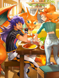 1boy 1girl black_shirt charizard closed_eyes commentary_request curry dynamax_band eating eyelashes eyewear_on_head food gen_1_pokemon gloves green_shirt grin hair_ornament heart heart_hair_ornament highres holding holding_spoon indoors leggings leon_(pokemon) long_hair nintendo open_mouth orange_hair orange_mikan pants pokemon pokemon_(creature) pokemon_swsh purple_hair ribbed_shirt rice shirt shoes short_sleeves shorts sitting smile sonia_(pokemon) spoon sunglasses table teeth tongue