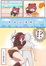 Rule 34 | 1girl, 1other, animal costume, animal ears, animal hood, bear costume, bear hood, breasts, chibi, heterochromia, hololive, hood, houshou kumarine, houshou marine, open mouth, red eyes, red hair, thighs, torinokawori, twintails, virtual youtuber, yellow eyes