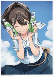 1girl 5pb. absurdres belt belt_buckle belt_pouch blue_bow bow brown_eyes brown_hair buckle chuo_tanegashima_high_school_uniform cloud cloudy_sky collarbone crop_top drink dripping fukuda_tomonori hair_between_eyes highres leather_belt long_hair looking_at_viewer miniskirt non-web_source official_art one_eye_closed pleated_skirt ponytail pouch robotics;notes sailor_collar school_uniform senomiya_akiho serafuku shirt short_hair skal skirt sky smile solo white_sailor_collar white_shirt
