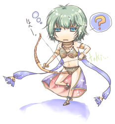 1girl ? arrow_(projectile) bikini black_sandals blue_eyes bow_(weapon) commentary_request dancer_(ragnarok_online) full_body green_hair holding holding_arrow holding_bow_(weapon) holding_weapon jewelry looking_at_viewer matoyuuki navel neck_ring ragnarok_online sandals short_hair simple_background solo spoken_question_mark squeans standing swimsuit weapon white_background yellow_bikini